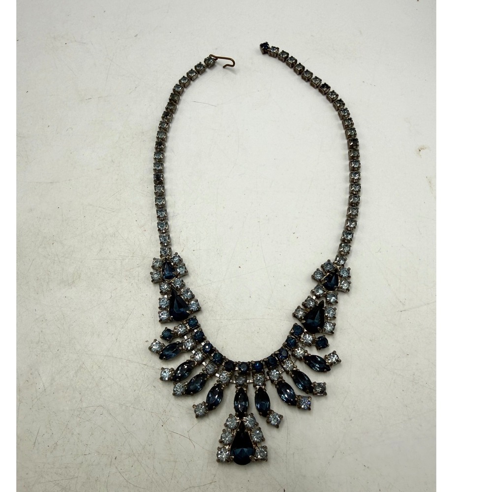 Vintage Blue Rhinestone Bib Necklace Silver Tone Statement J-Hook 15 Inch